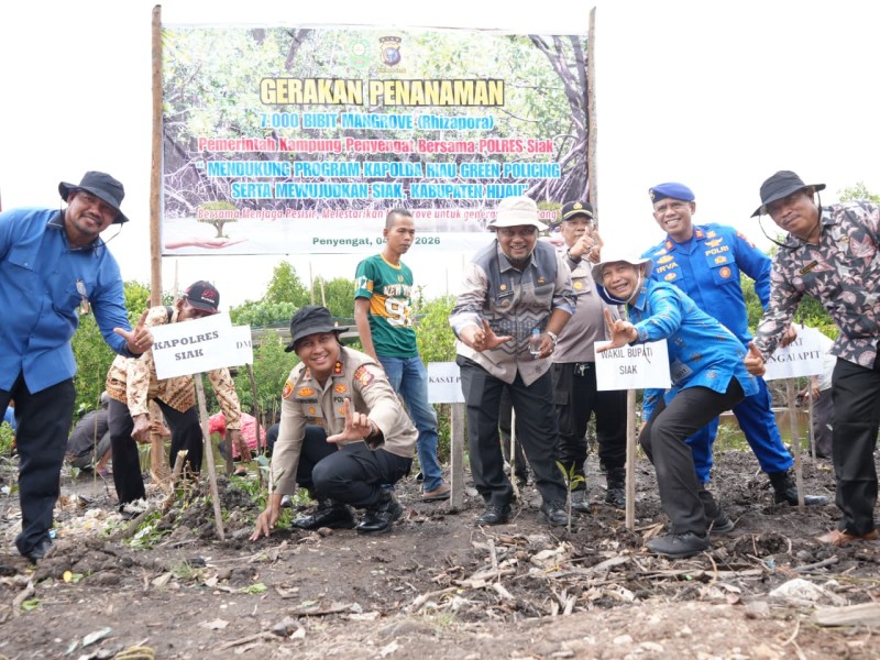 Cegah Abrasi di Pesisir Kabupaten Siak, Polres Bersama Pemerintah Kampung Tanam 7000 Bibit Mangrove