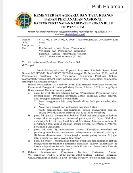 Koperasi Rambah Samo Sakti Soroti Jawaban BPN Rohul soal Plasma 20% PT SAI, Minta Jangan Lepas Tanggung Jawab