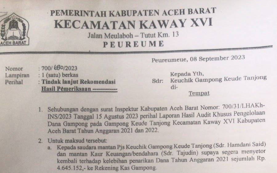 Mantan Keuchik dan Kaur Keude Tanjong Gampong Aceh Barat Diminta Kembalikan Dana Desa