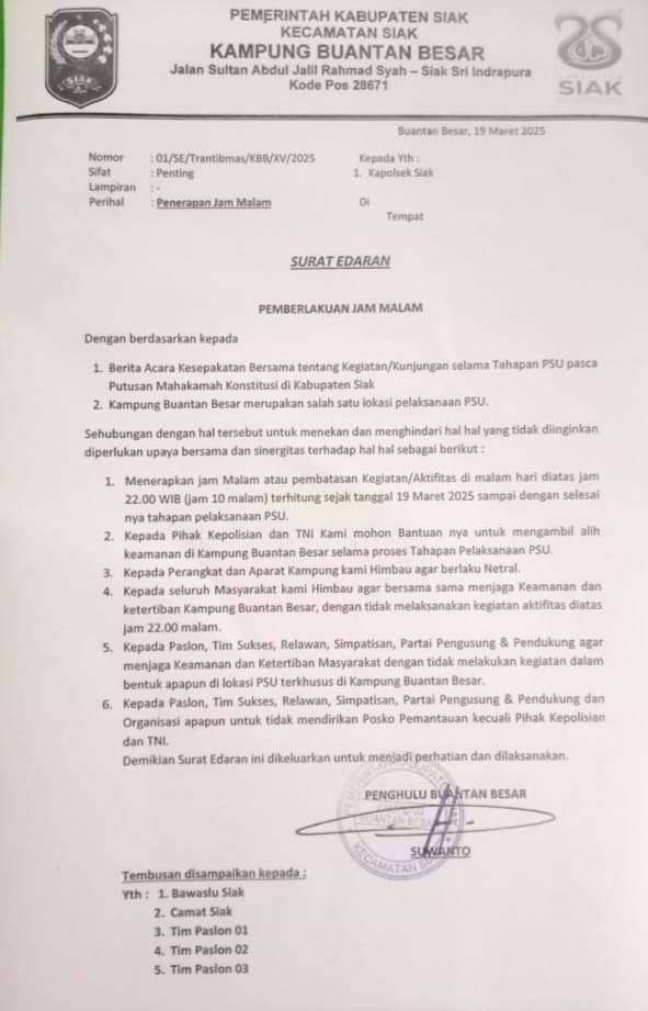 Pendukung 03 Langgar Kesepakatan Bersama, Penghulu Kampung Buantan Besar Berlakukan Jam Malam